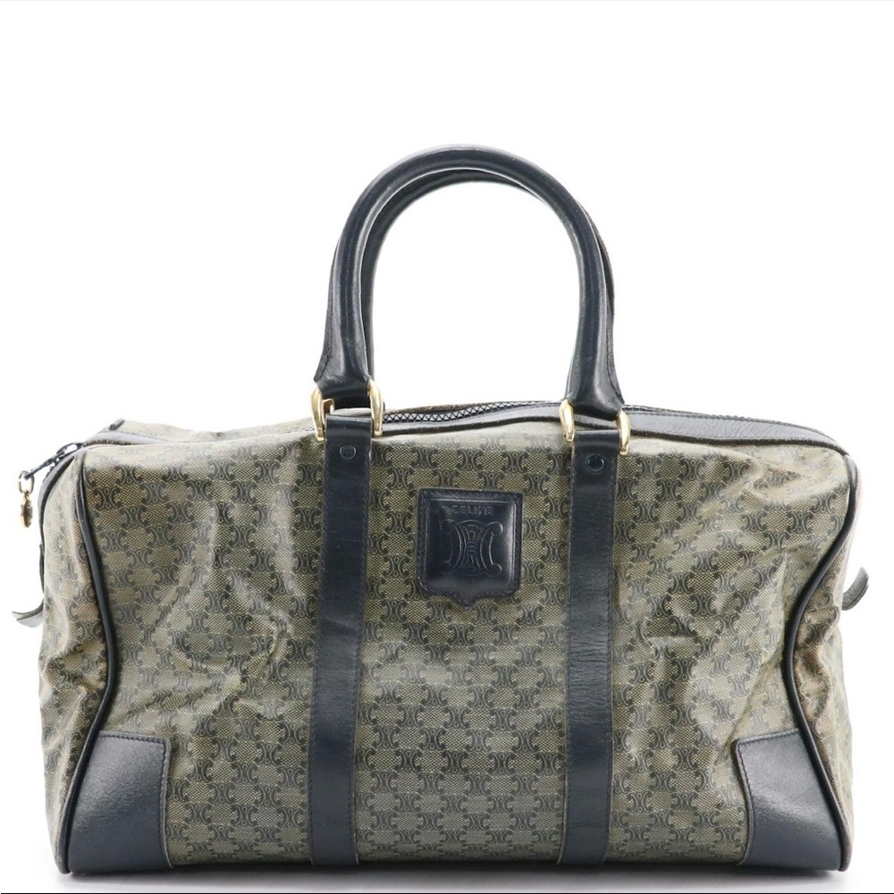 Celine Boston Bag in Navy/ green Macadam Coated Canvas with Navy leather trim